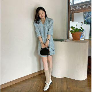 Elbow-sleeve Tweed Dress Light Blue - One Size