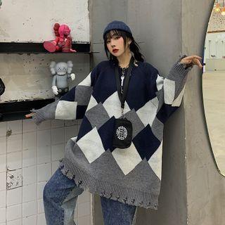 Couple Matching Frayed Argyle Sweater Navy Blue - One Size