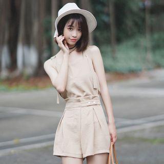 Set: Plain Camisole Top + Wide-leg Shorts