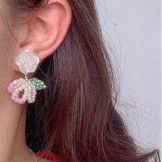 Flower Drop Earring 1 Pair - White & Purple & Green - One Size