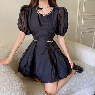 Square-neck Plain Mesh Mini Dress With Chain