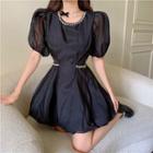 Square-neck Plain Mesh Mini Dress With Chain