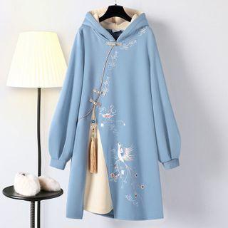 Hooded Long-sleeve Embroidered Printed Qipao Dress