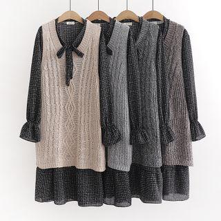 Set: Cable Knit Vest + Plaid Tie-neck Long-sleeve Mini A-line Dress