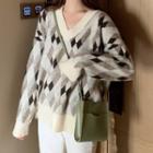 Argyle Plaid V-neck Long-sleeve Knit Sweater Coffee Gray Coloring - One Size