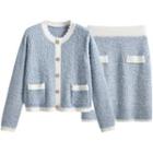 Set: Contrast Trim Cardigan + Mini Pencil Skirt Sky Blue - One Size