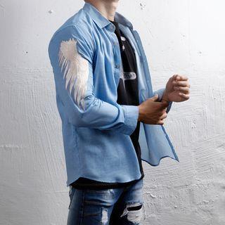 Pocket-front Wing-embroidered Shirt (blue)