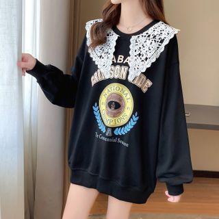Lace Trim Lettering Print Sweatshirt