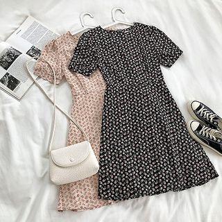 Floral Crewneck Puff-sleeve Dress