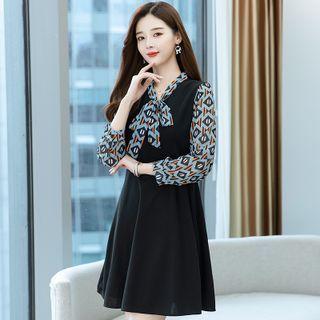Puff-sleeve Mock Two-piece Patterned Mini Dress