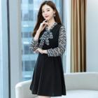 Puff-sleeve Mock Two-piece Patterned Mini Dress