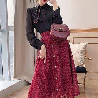 Set: Tie Neck Blouse + Midi A-line Skirt