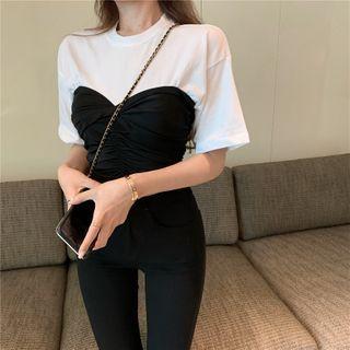 Mock Two-piece Shirred Short-sleeve Cropped T-shirt As Shown In Figure - One Size