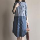 Long Sleeve Two Tone Midi Denim Shirt Dress