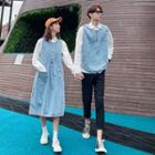 Couple Matching Midi A-line Denim Pinafore Dress / Shirt / Straight-cut Pants / Set