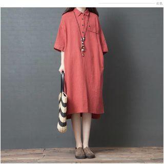 Striped Elbow-sleeve Linen Shirtdress