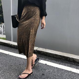 Leopard Patterned Front-slit Midi H-line Skirt As Shown In Figure - One Size