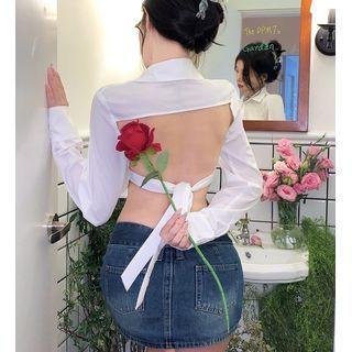 Long-sleeve Plain Open-back Cropped Shirt White - One Size