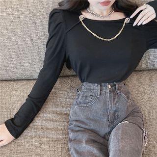 Puff-sleeve Chain Accent Plain Top