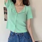 Short Sleeve Buttoned Pointelle Knit Top