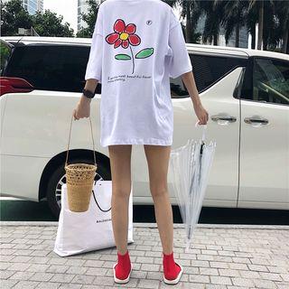 Elbow-sleeve Floral Print Oversized T-shirt