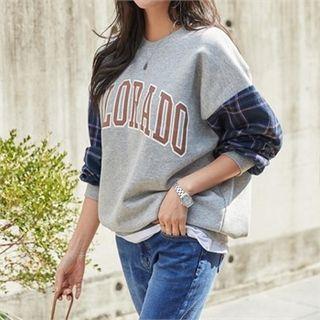 Plaid-sleeve Letter Sweatshirt