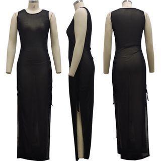 Sleeveless Slit Midi Mesh Dress