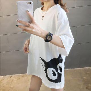 Elbow-sleeve Cat Print Tunic T-shirt