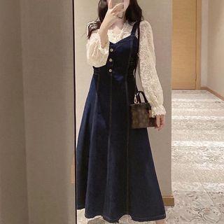 Strappy Midi A-line Dress / Lace Blouse / Set
