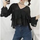 V-neck Dotted Print Ruffled Top Black - One Size