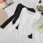 Plain Round-neck Asymmetrical Long-sleeve Top