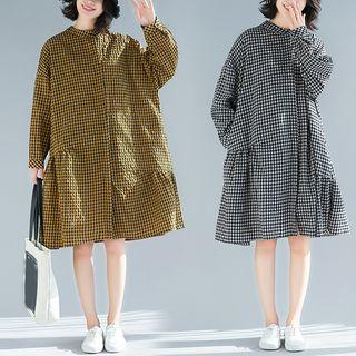 Plaid Stand-collar Long-sleeve Shirtdress