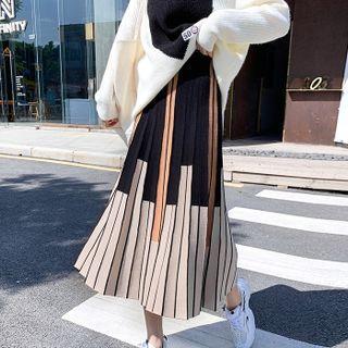 Color Block Knit Midi A-line Skirt