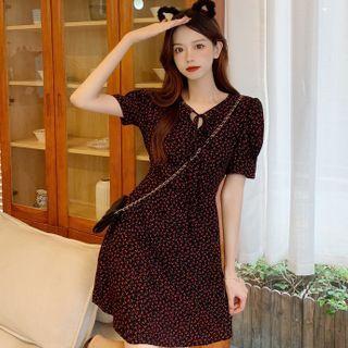 Short-sleeve Tie-strap Floral Mini Dress Black & Red - One Size