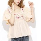 Embroidered Short-sleeve Blouse Beige - One Size