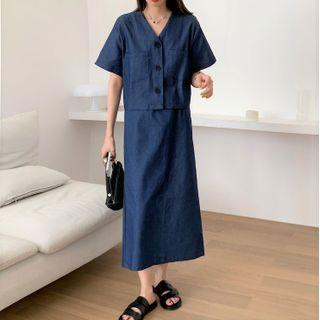 Set: Short-sleeve Top + Midi A-line Skirt Set - Blue - One Size
