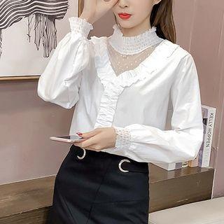 Long Sleeve Mesh Panel Ruffle Top
