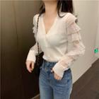 Long-sleeve Lace-panel Buttoned Knit Top