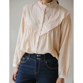 Frill-neck Textured Cotton Blouse