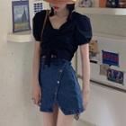 Puff-sleeve Drawstring Cropped Blouse / Asymmetric Denim Mini A-line Skirt