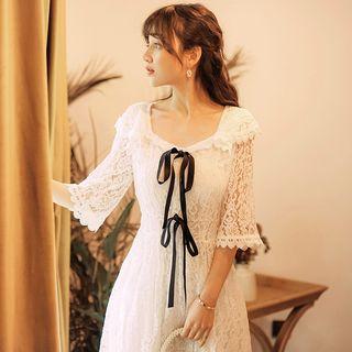 Lace Bow Accent Elbow-sleeve Midi A-line Dress