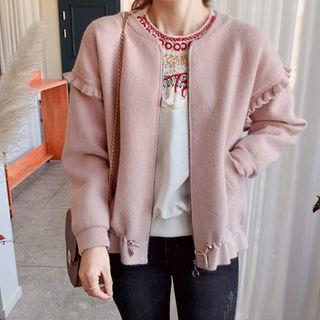 Frilled-detail Zip-up Knit Jacket Pink - One Size