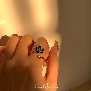 Rhinestone Flower Open Ring Open Ring - Black - One Size