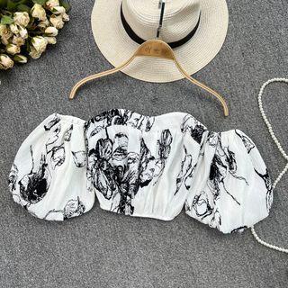 Off Shoulder Floral Print Crop Blouse