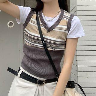 Striped Sweater Vest Stripe - Gray & Brown - One Size