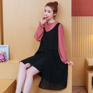 Long-sleeve Frill Collar Mock Two-piece Dress