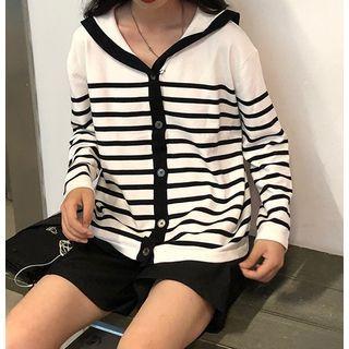 Long-sleeve Striped Sailor Collar Jacket Stripes - Black & White - One Size