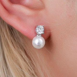 Cz Faux Pearl Stud Earring 1 Pair - 01-0216 - Silver - One Size