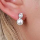 Cz Faux Pearl Stud Earring 1 Pair - 01-0216 - Silver - One Size