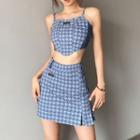 Set: Houndstooth Crop Camisole Top + A-line Skirt